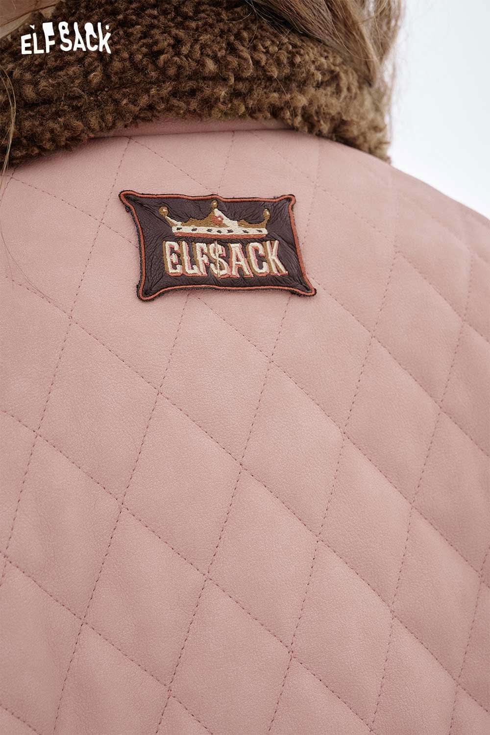ELFSACK Soft Plush Lapel Coat for Women with Diamond Quilted Design and Cozy Fur Collar