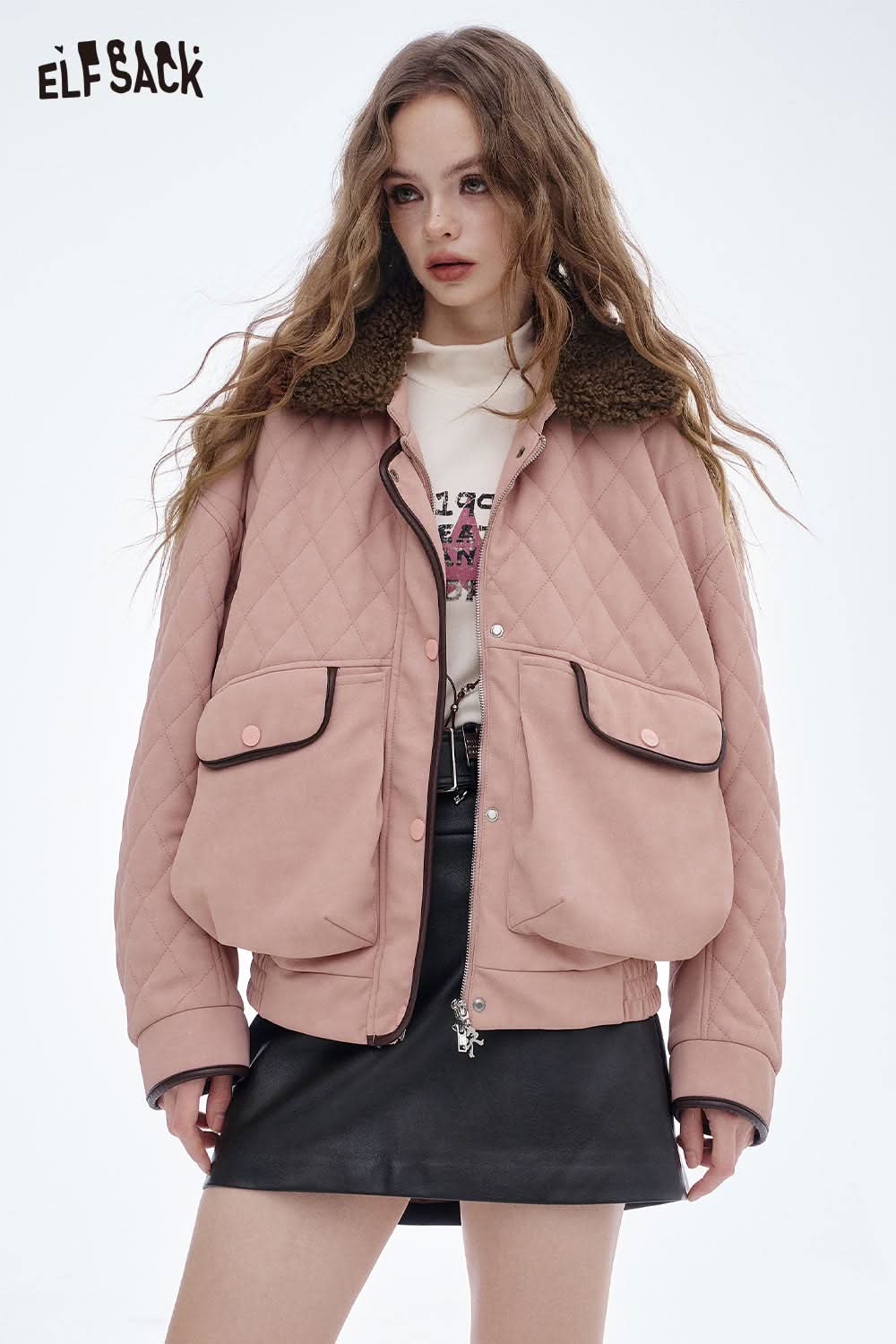 ELFSACK soft plush lapel coat for women in pink with quilted design and contrasting collar