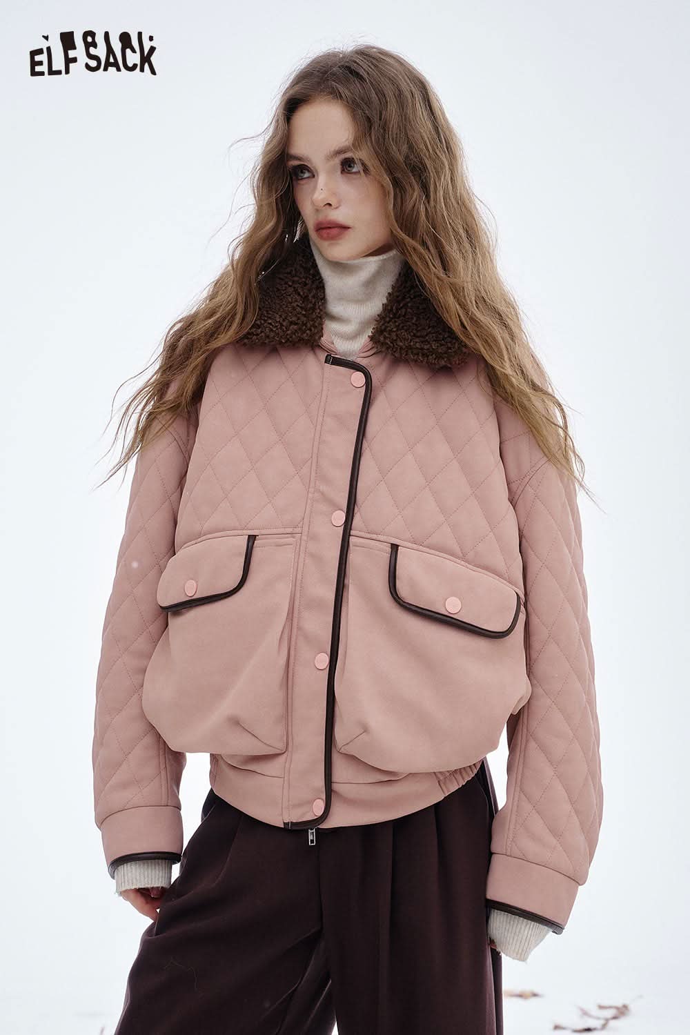 ELFSACK soft plush lapel coat for women in soft pink with quilted design and fur collar