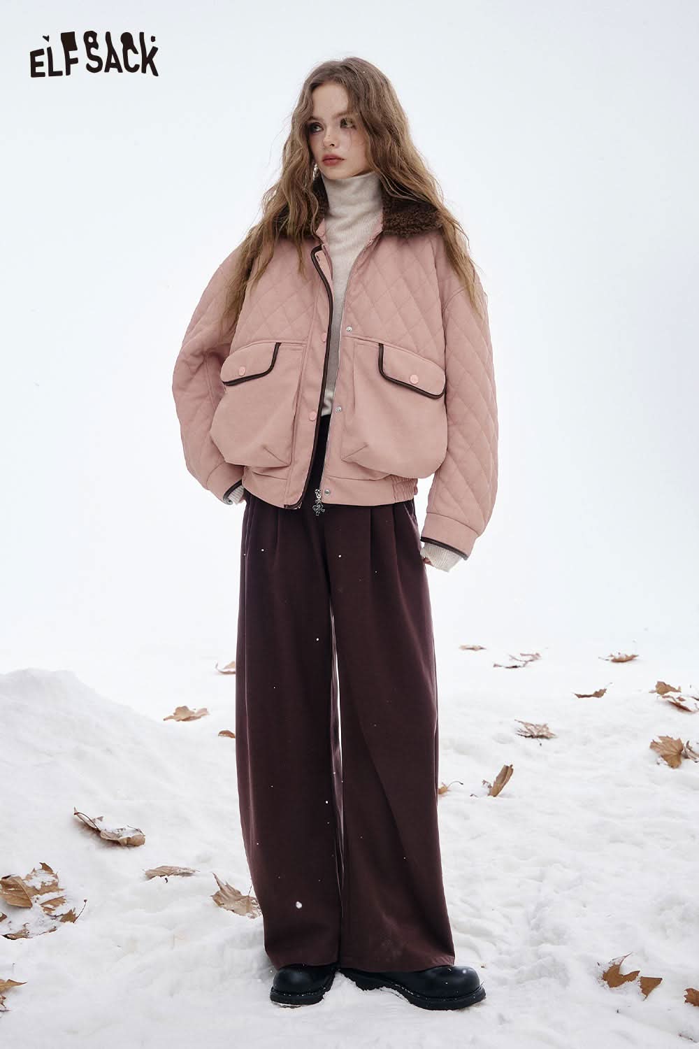 Soft plush lapel coat for women by ELFSACK, featuring a quilted design and front pockets