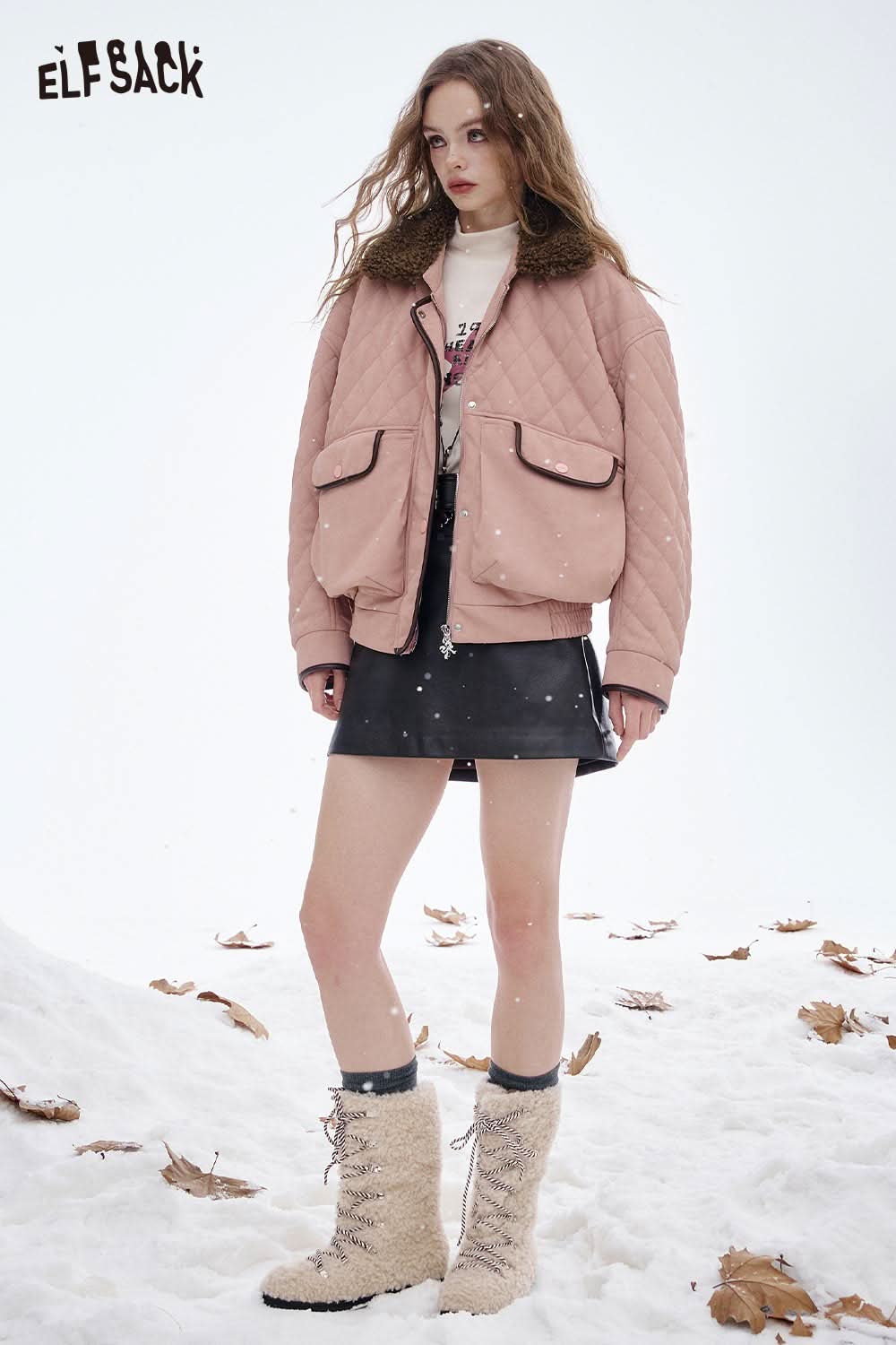 ELFSACK soft plush lapel coat for women, stylish with quilted design, worn with a skirt and boots