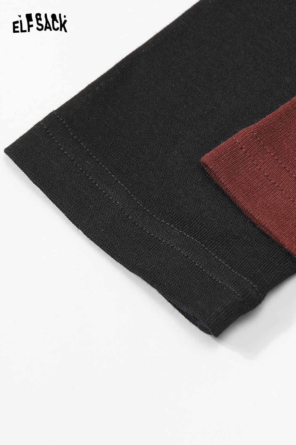 Close-up of ELFSACK soft slimming high neck t-shirt in black and burgundy fabric details