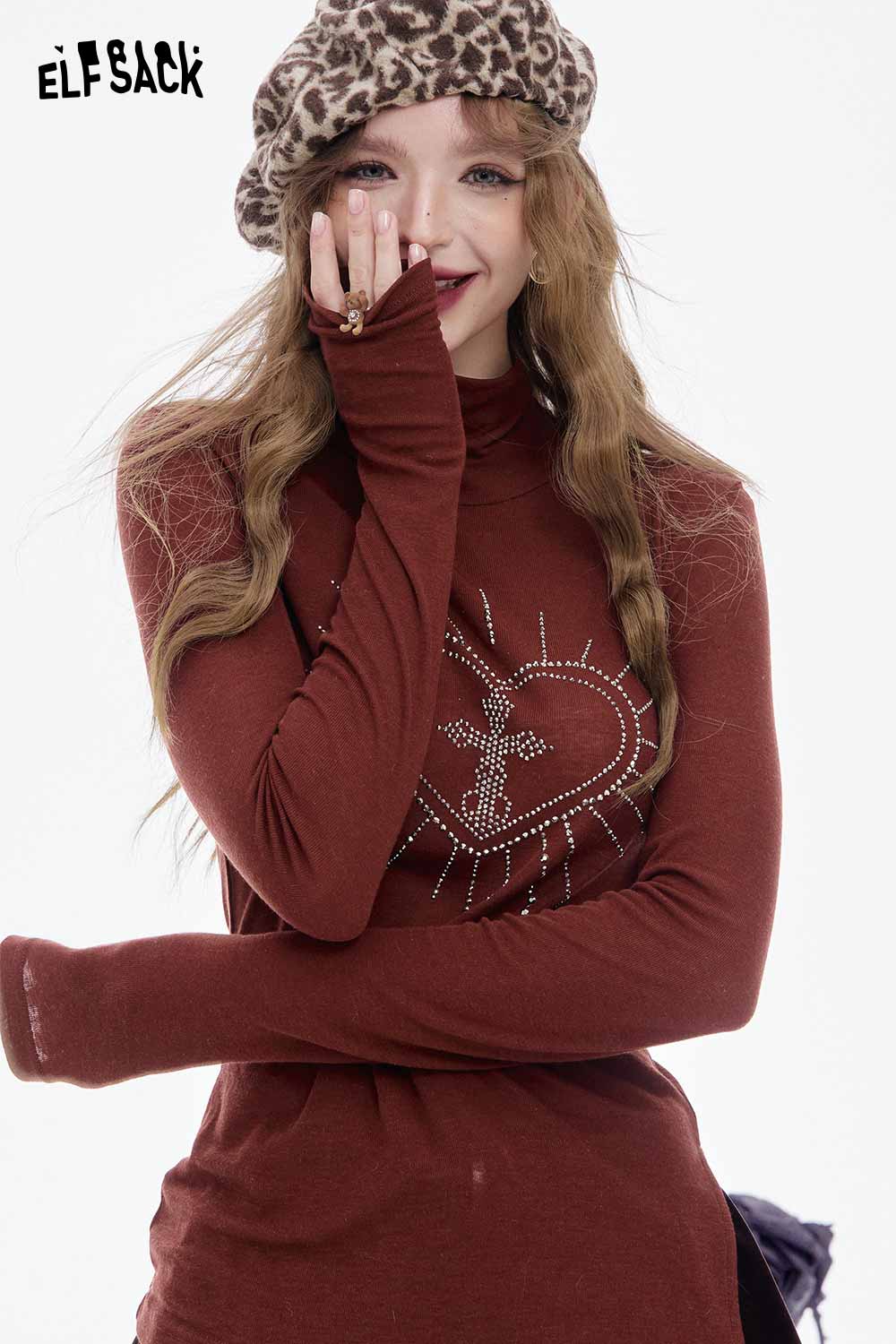 ELFSACK soft slimming high neck tshirt in rich brown with heart design and long sleeves