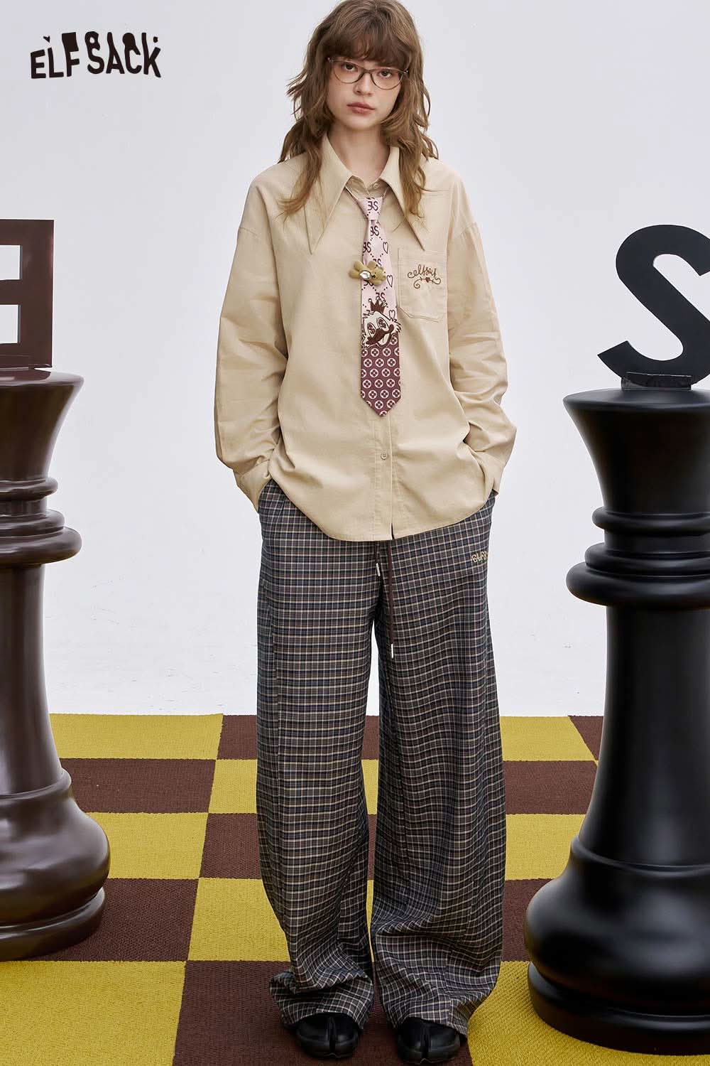 ELFSACK soft stripe embroidered wide leg pants with a relaxed fit and trendy checkered pattern