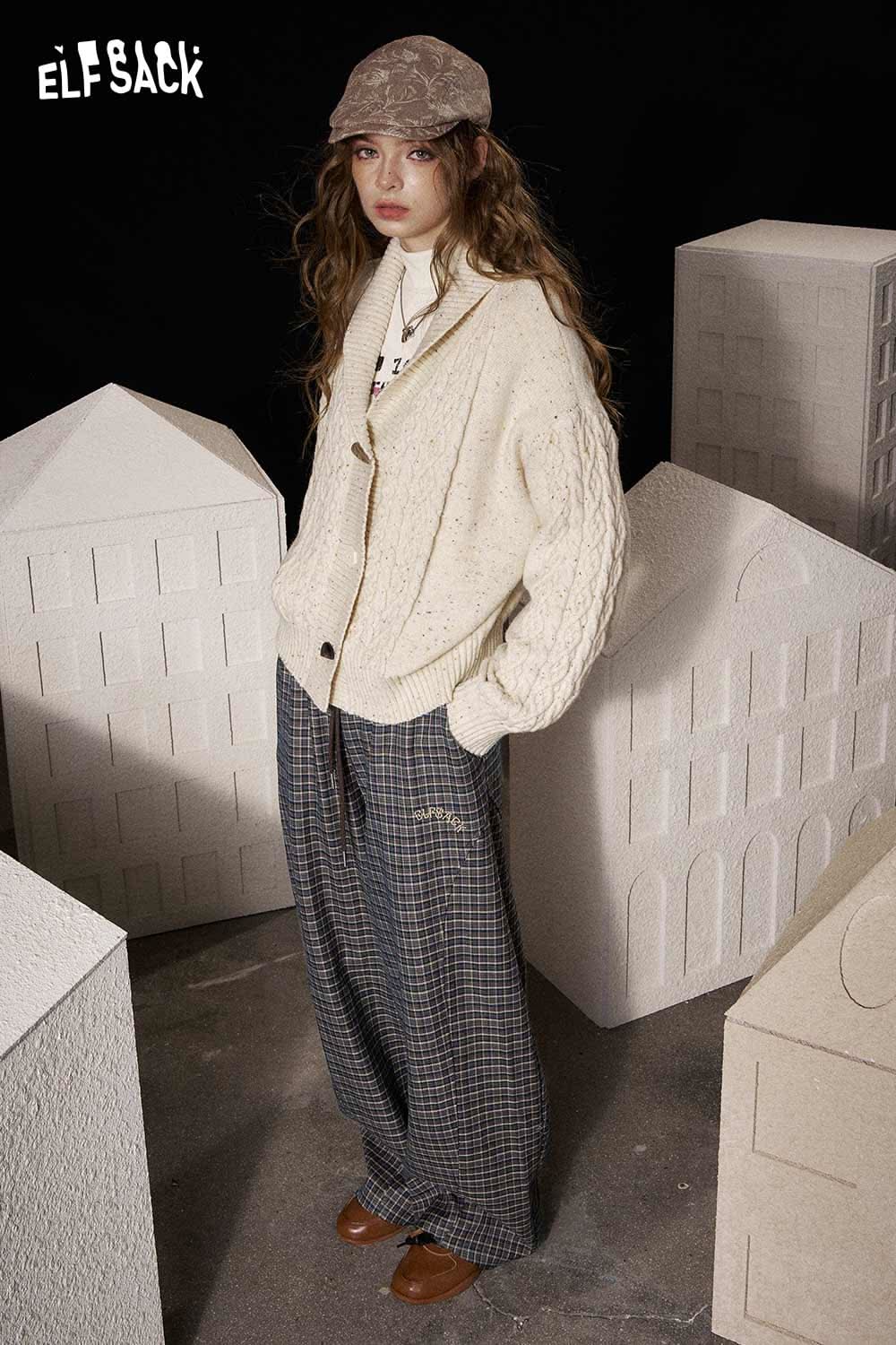 ELFSACK soft stripe embroidered wide leg pants styled with a cozy cardigan and cap for a trendy look
