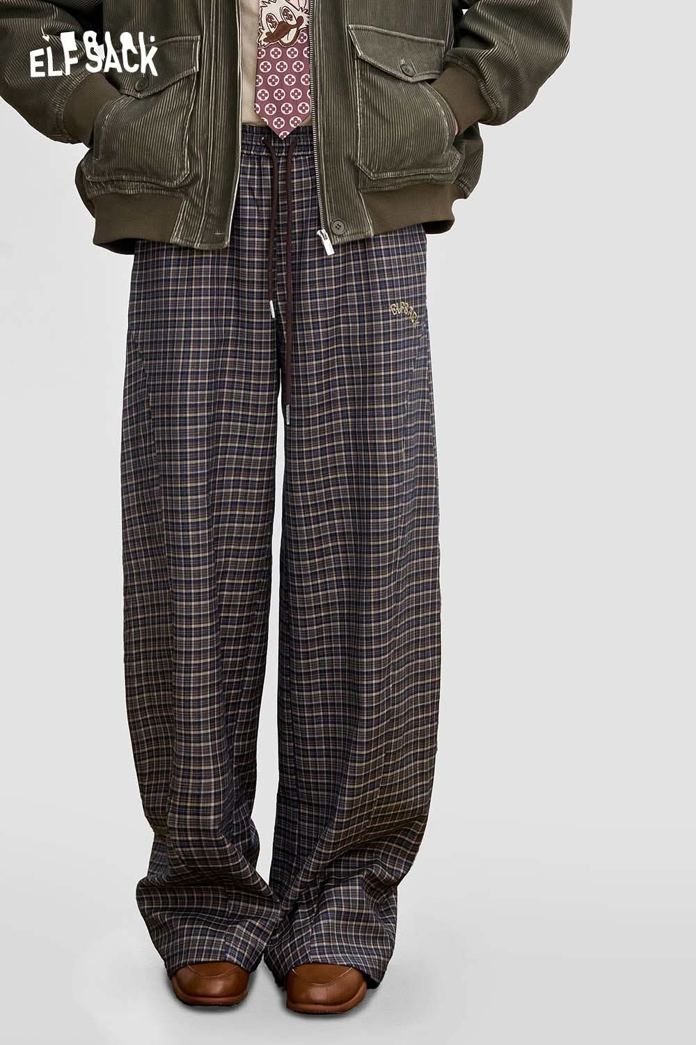 ELFSACK soft stripe embroidered wide leg pants featuring a stylish plaid design for casual wear