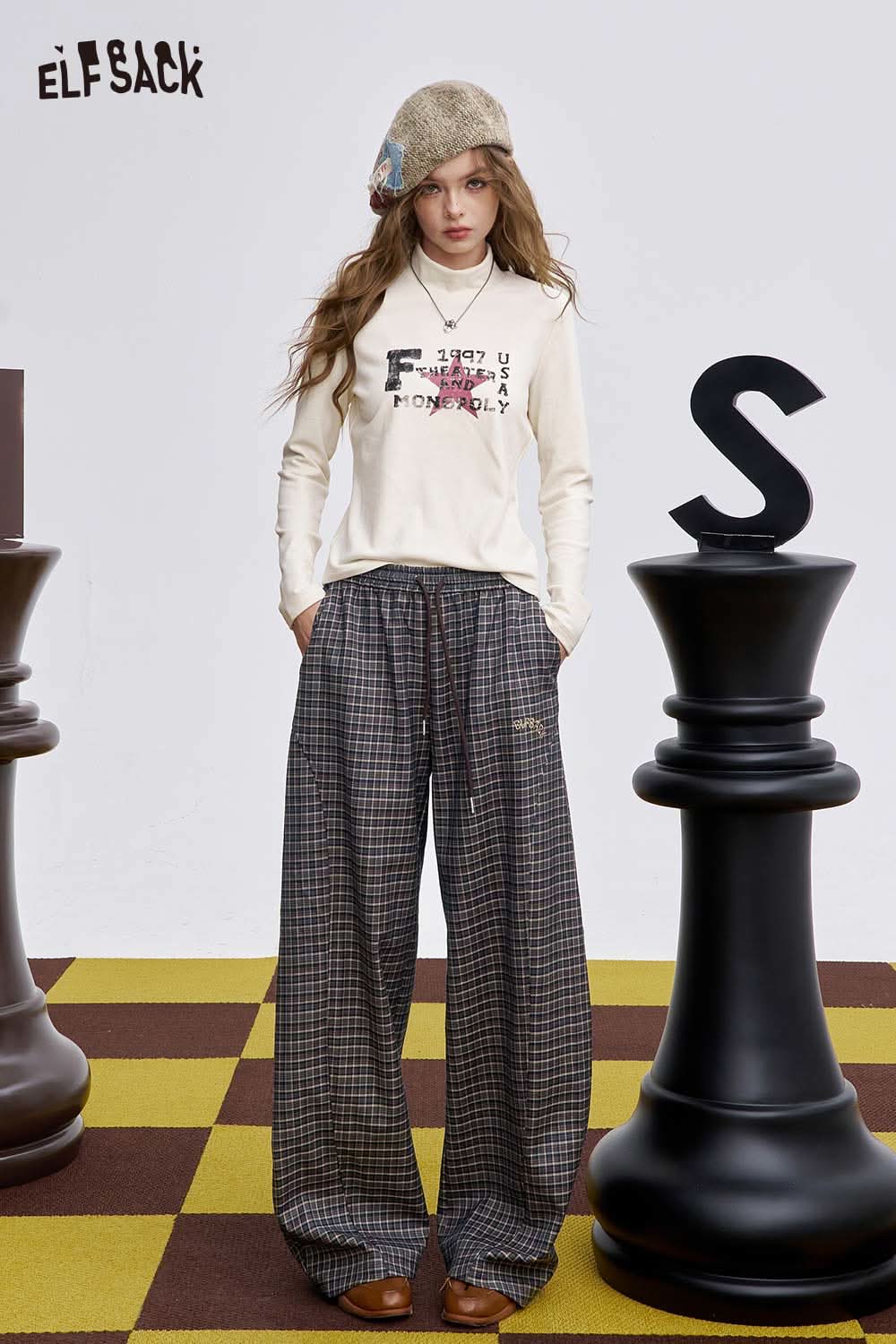 ELFSACK soft stripe embroidered wide leg pants styled with a casual top for a chic look