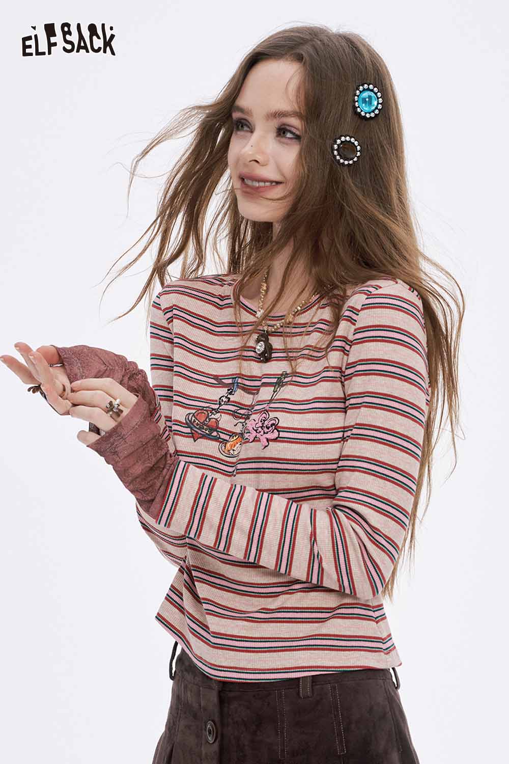 ELFSACK soft stripe graphic long sleeve tshirt in pink with playful design and relaxed fit