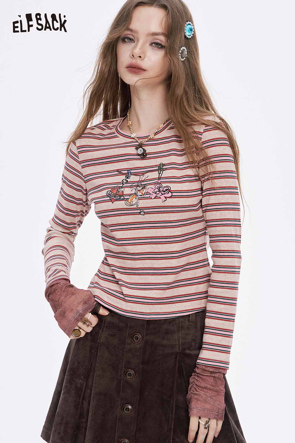 ELFSACK soft stripe graphic long sleeve tshirt featuring floral embroidery and stylish details