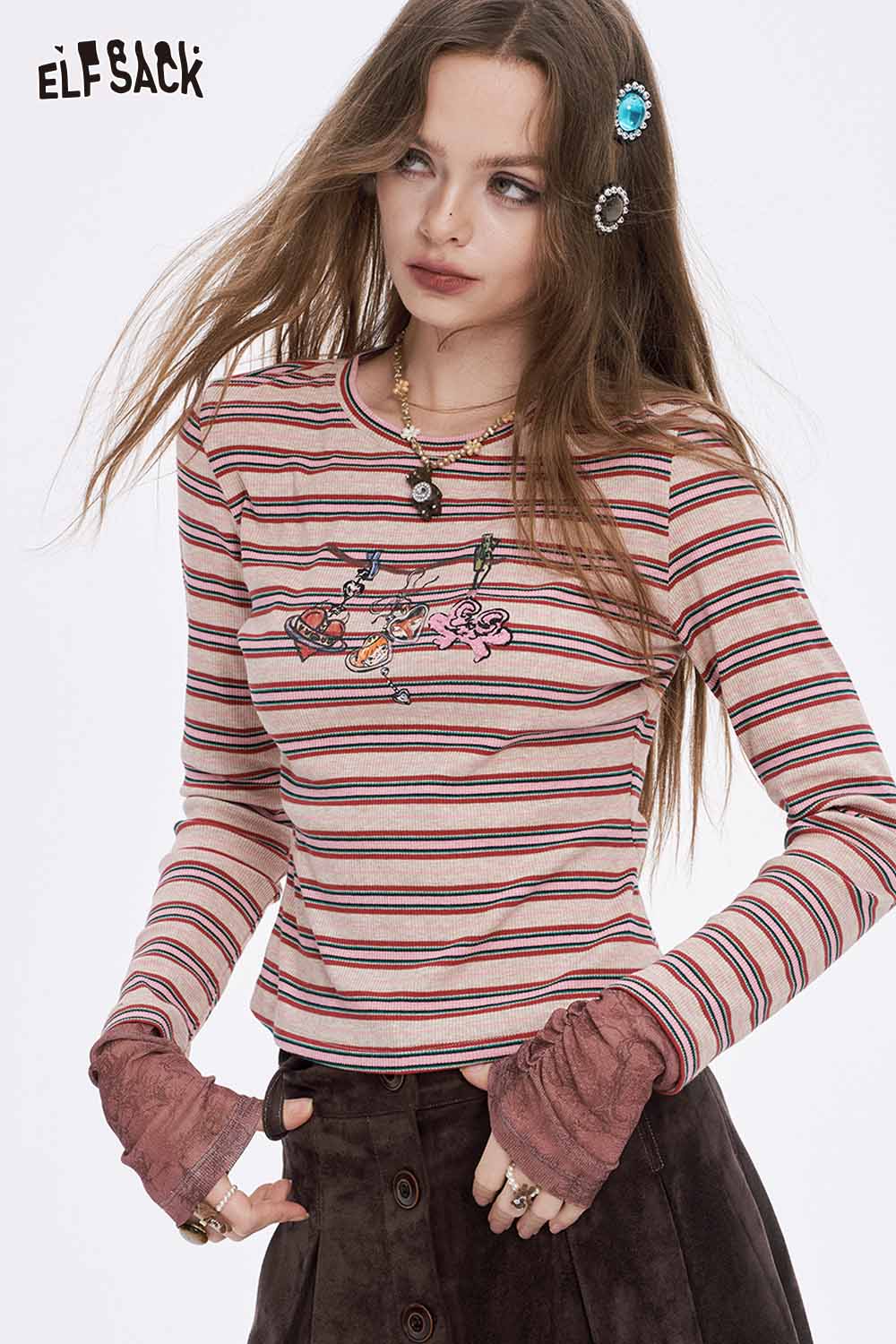 ELFSACK soft stripe graphic long sleeve t-shirt with playful design and styled cuffs for a trendy look