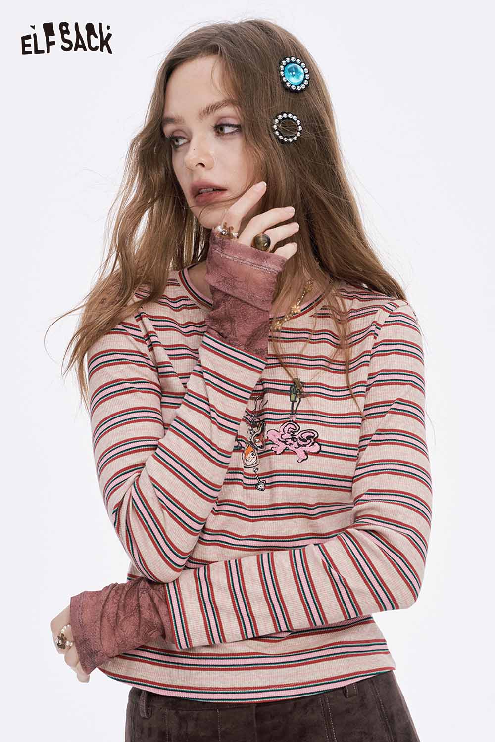 ELFSACK soft stripe graphic long sleeve tshirt featuring colorful stripes and a unique design