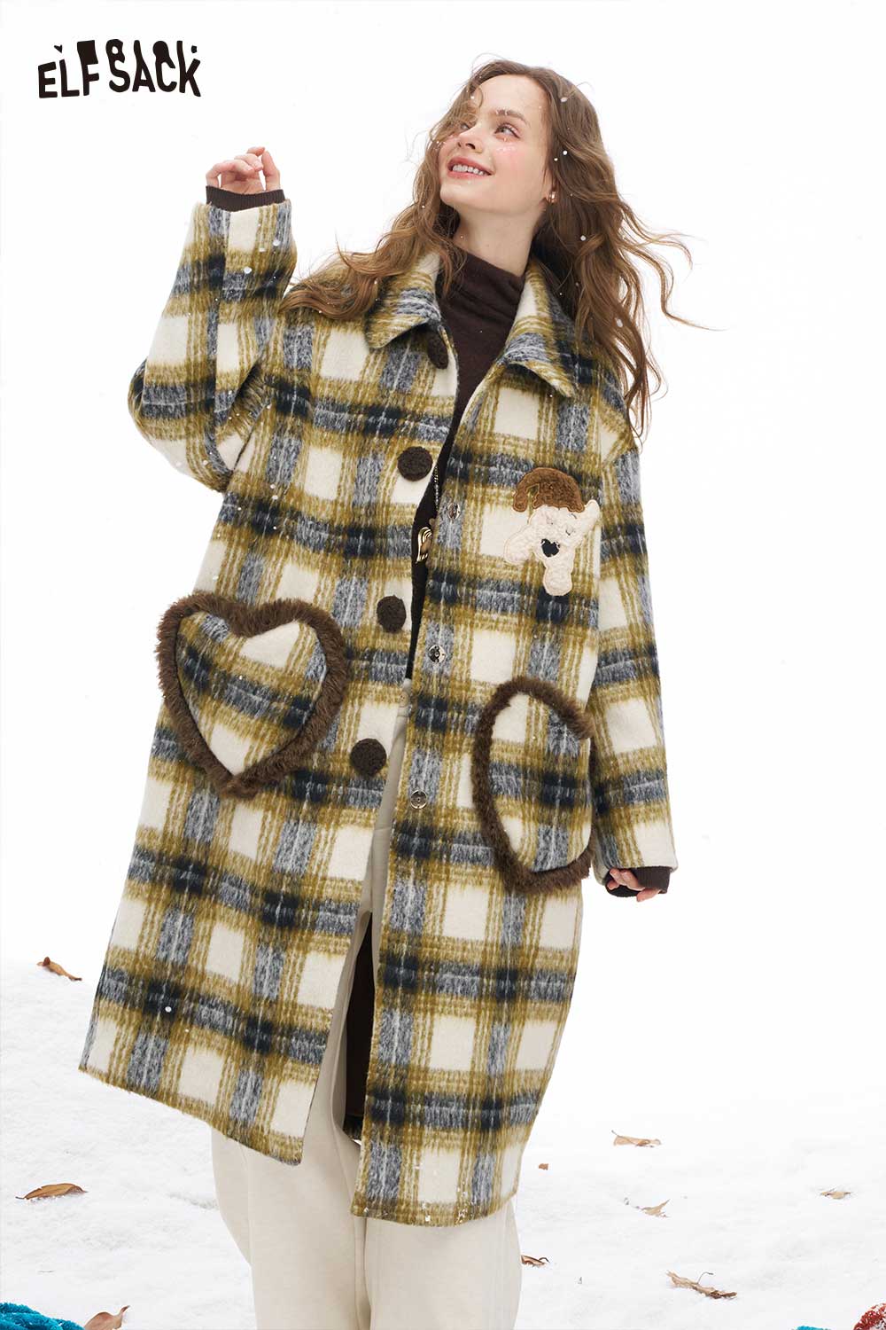 ELFSACK soft striped long coat for women in plaid pattern with unique heart pockets and cozy design