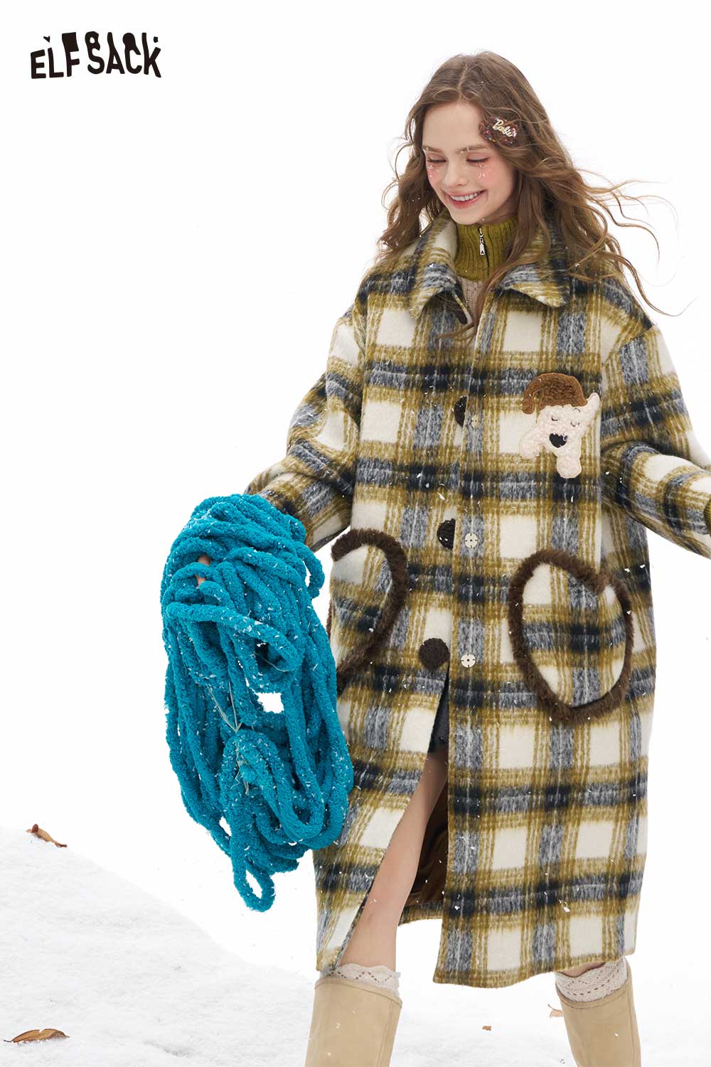 ELFSACK soft striped long coat for women featuring a plaid pattern and unique pocket design