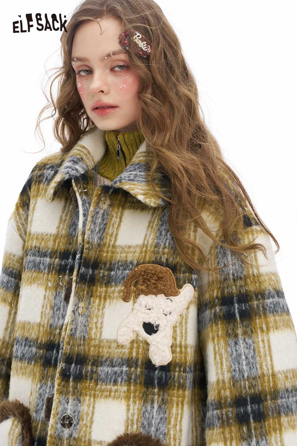 ELFSACK soft striped long coat for women in plaid pattern with playful dog embroidery
