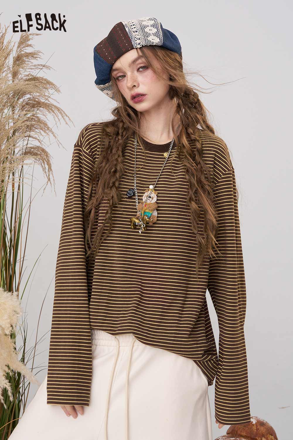 ELFSACK soft striped long sleeve tee in brown with relaxed fit and stylish accessories