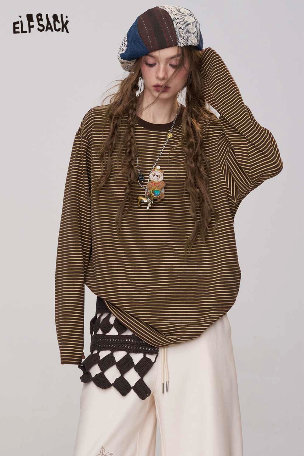 ELFSACK soft striped long sleeve tee in brown and black stripes, styled casually with accessories