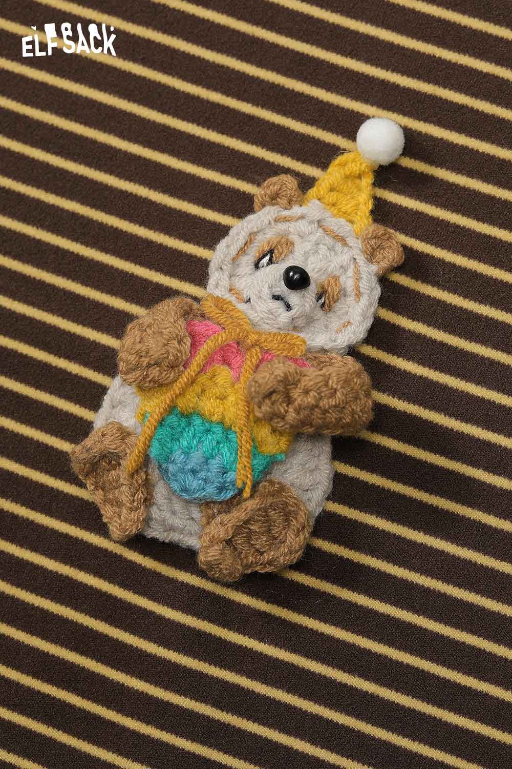 ELFSACK soft striped long sleeve tee featuring a cute bear patch on a brown striped background