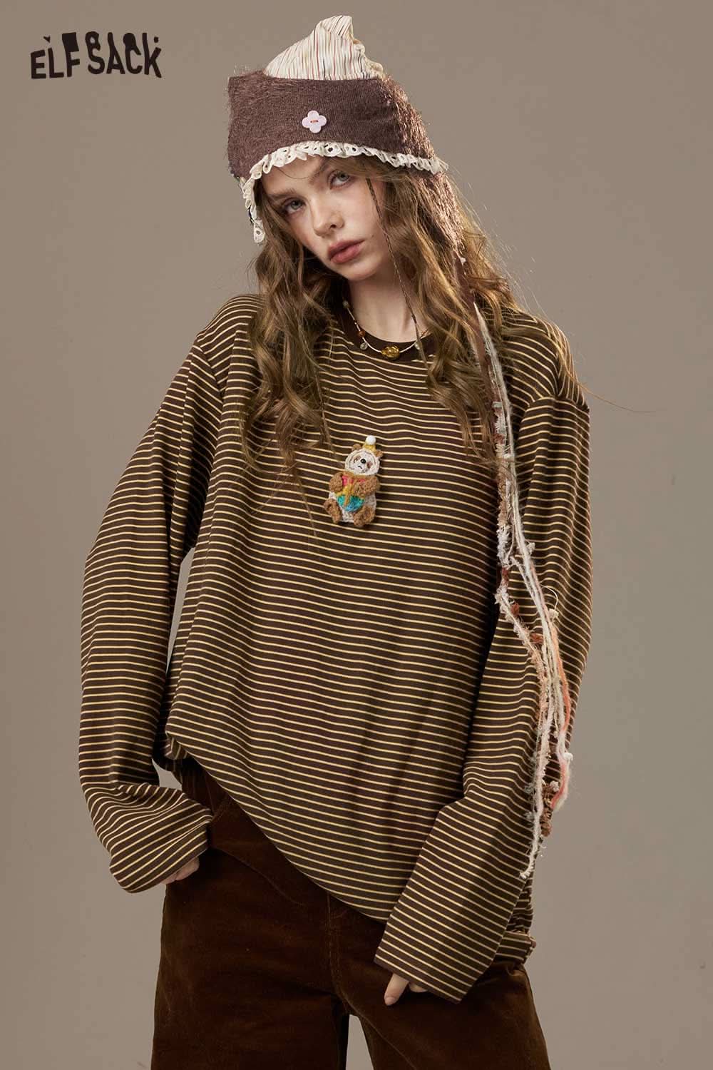 ELFSACK soft striped long sleeve tee in brown and cream stripes, styled with playful accessories