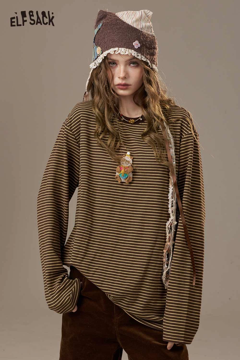 ELFSACK soft striped long sleeve tee in brown and cream with relaxed fit and oversized sleeves