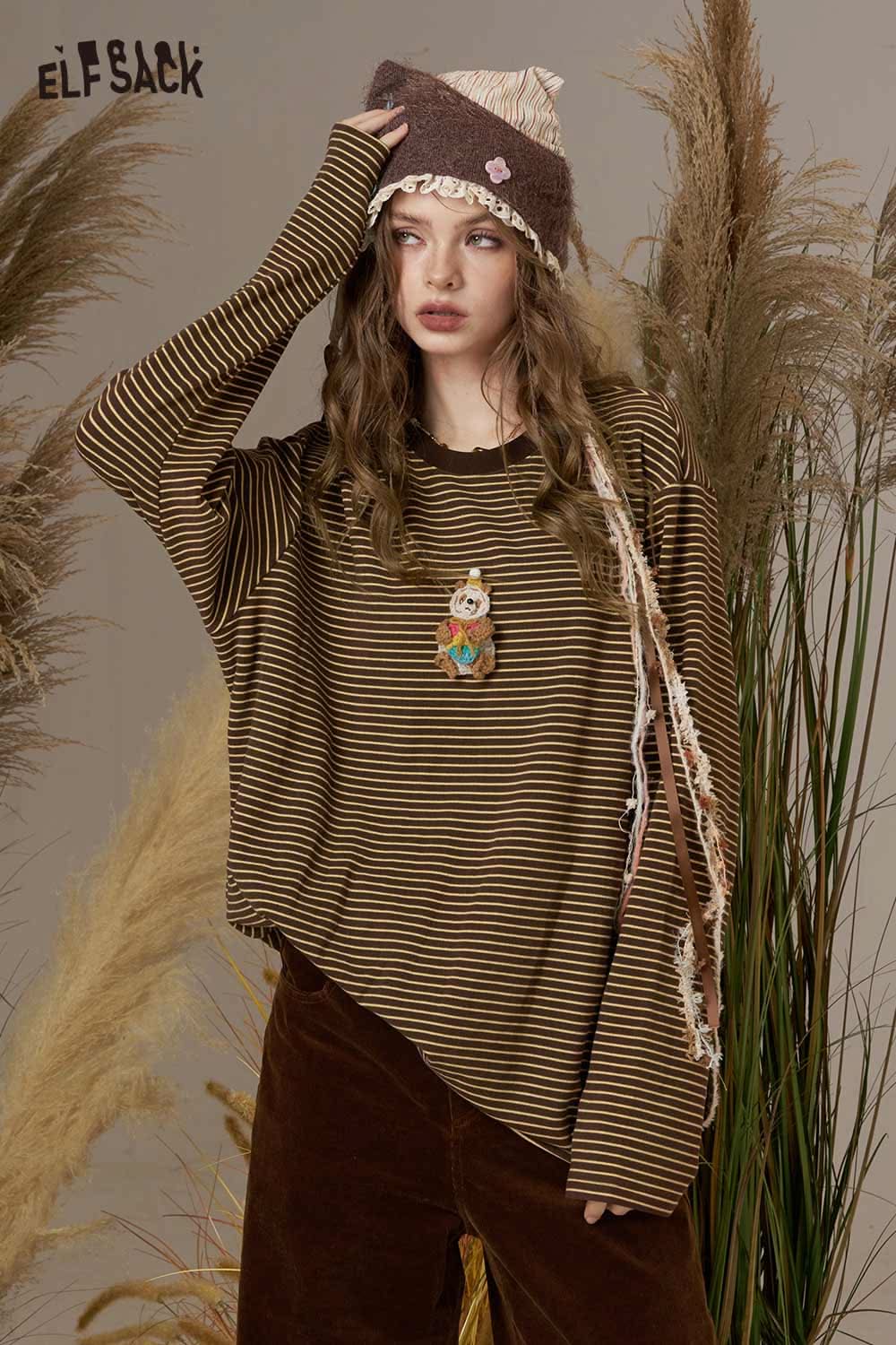 ELFSACK soft striped long sleeve tee in brown with a relaxed fit for casual comfort