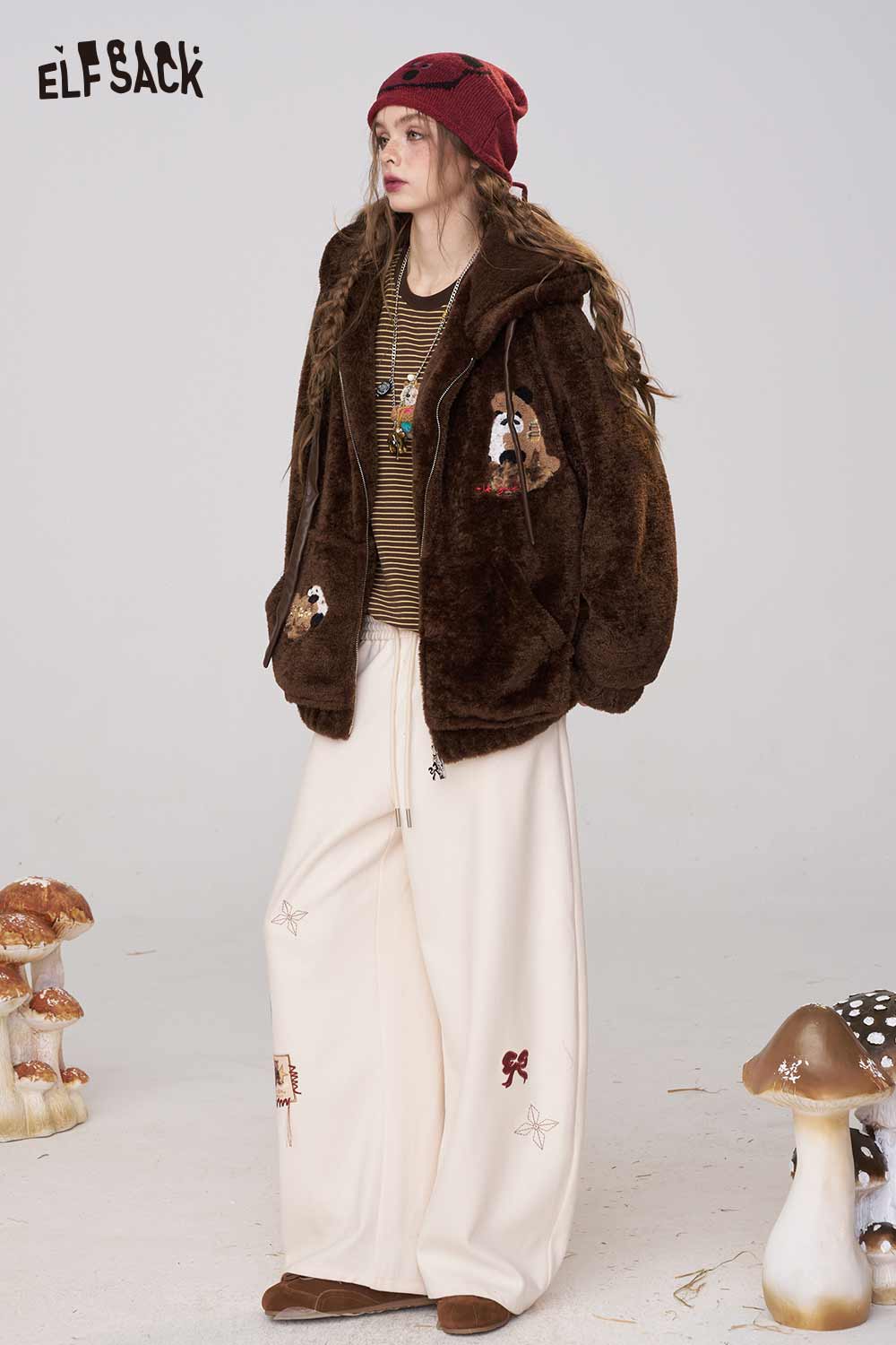 ELFSACK soft striped long sleeve tee paired with a cozy brown hoodie and wide-leg pants