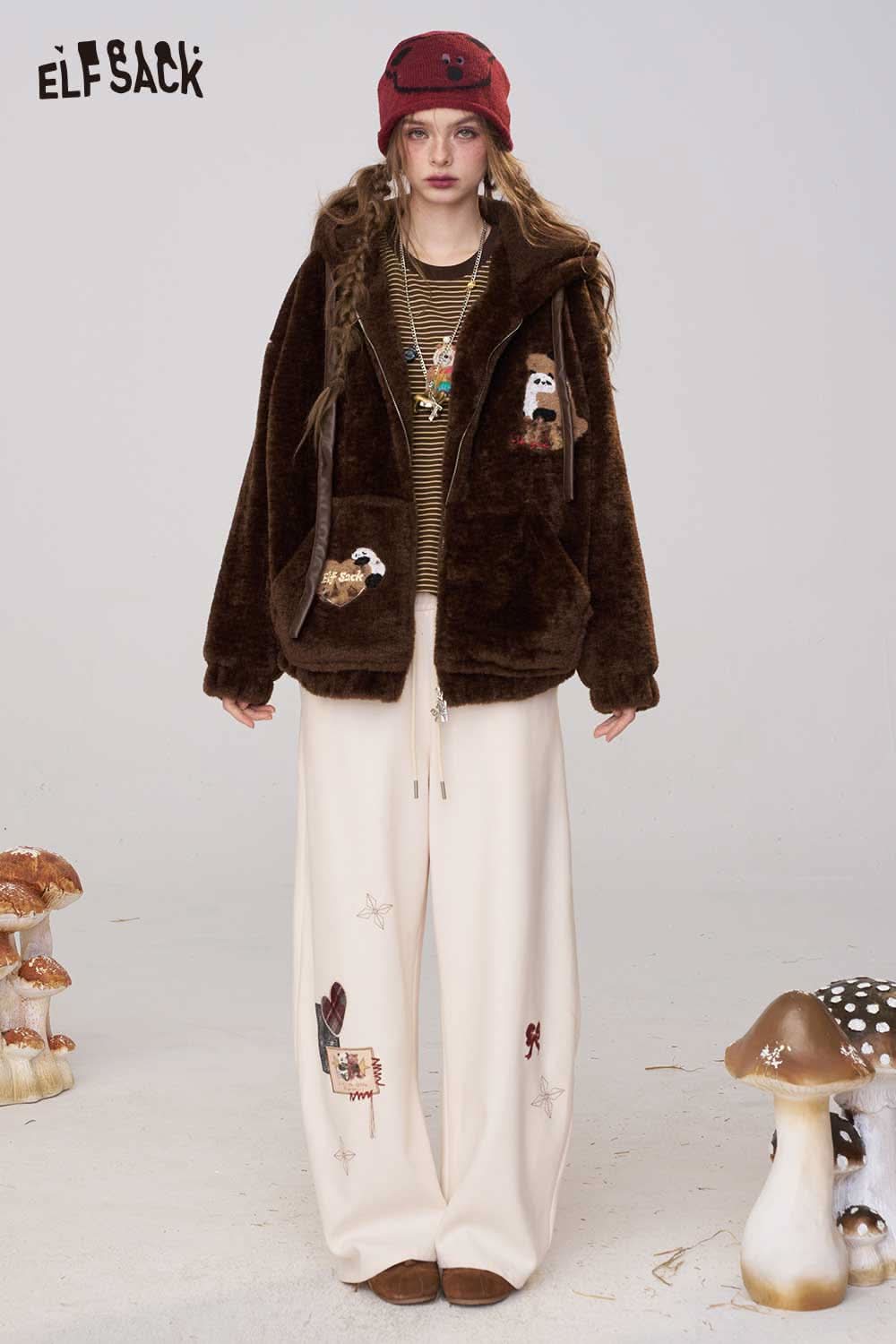 ELFSACK soft striped long sleeve tee paired with cozy brown jacket and wide-leg pants