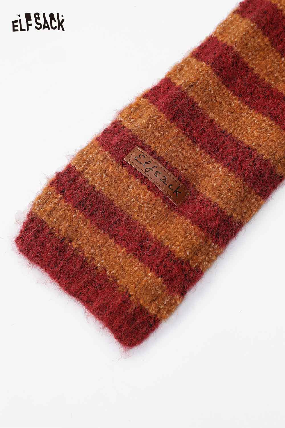 ELFSACK soft striped scarf for women in warm tones of red and brown with a cozy texture