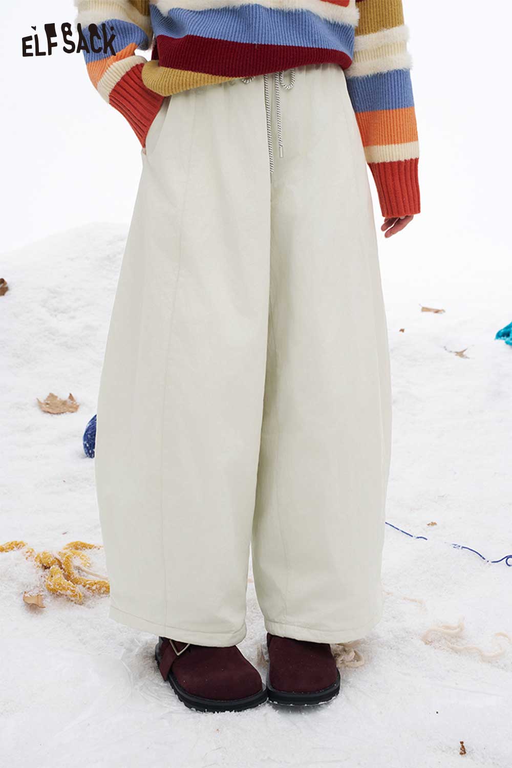 ELFSACK Cream Soft Wide Leg Pants for Women with Elastic Waistband for Comfortable Style