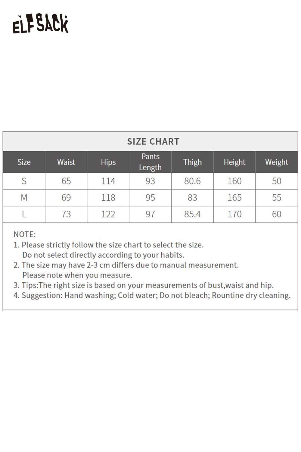 Size chart for ELFSACK soft wide leg pants for women showing measurements and care instructions