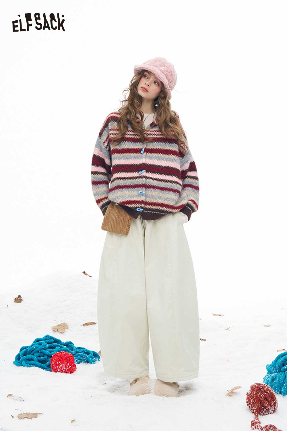 ELFSACK soft wide leg pants for women paired with a cozy striped sweater and a pink hat