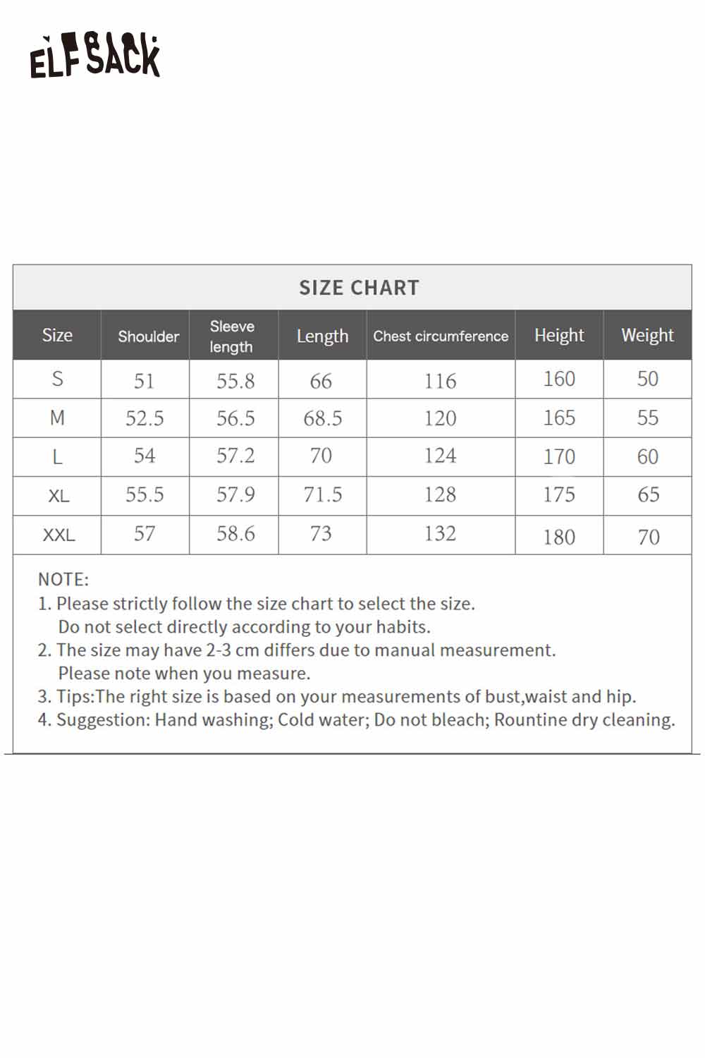 Size chart for ELFSACK soft yarn sweatshirt for women detailing measurements for S, M, L, and XL sizes