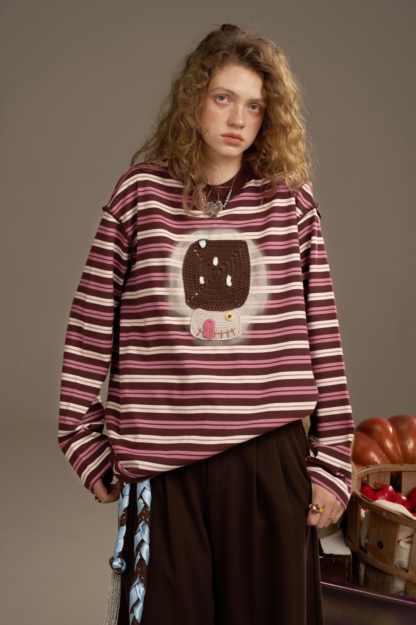 Trendy ELFSACK striped soft yarn sweatshirt for women featuring a playful ice cream graphic