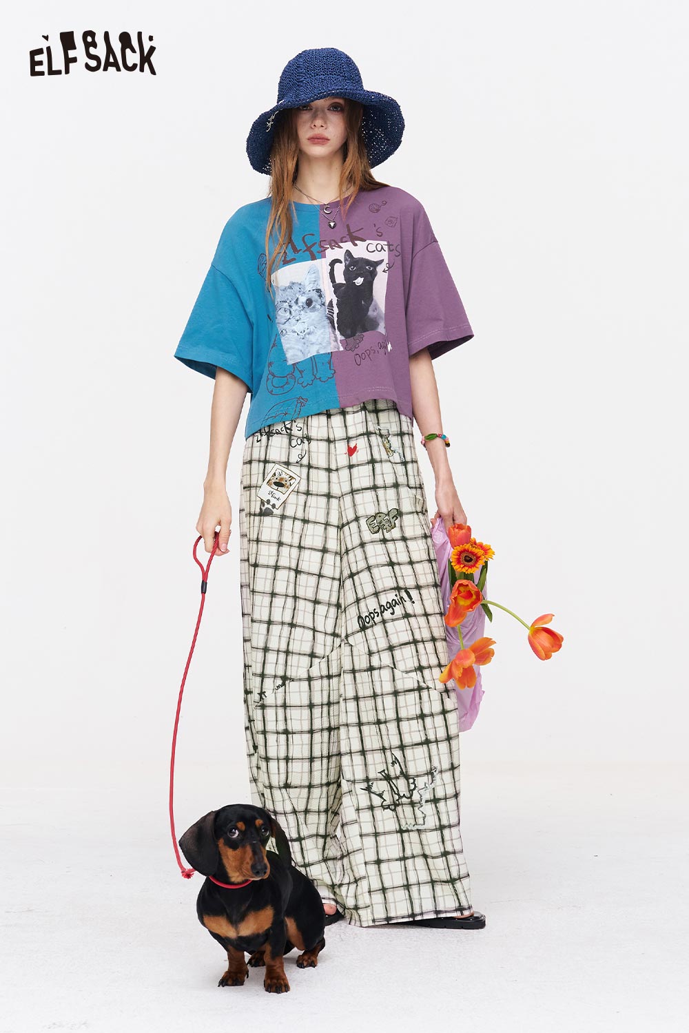 ELFSACK Split Color Cat Print Cropped T-Shirt