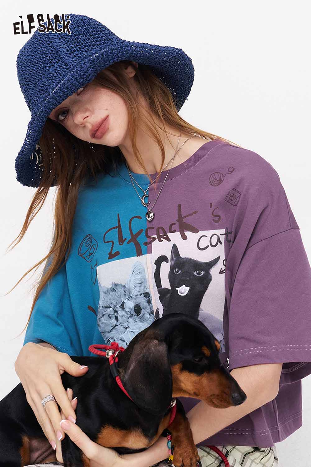ELFSACK Split Color Cat Print Cropped T-Shirt