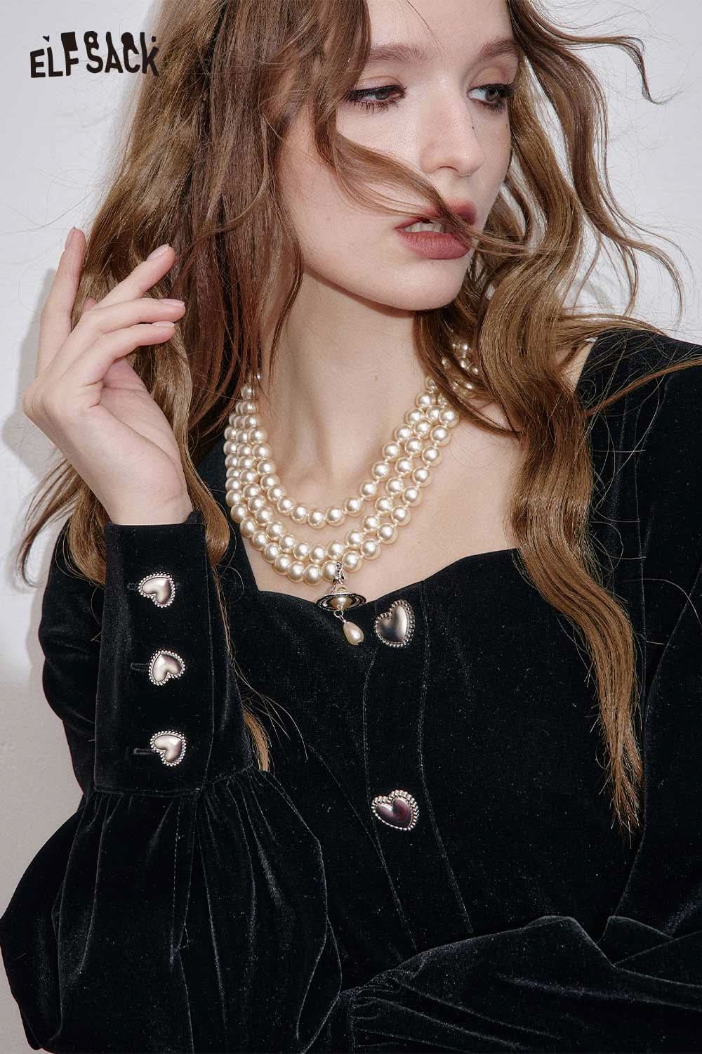 ELFSACK square neck puff sleeve dress in black featuring heart-shaped buttons and elegant pearl necklace