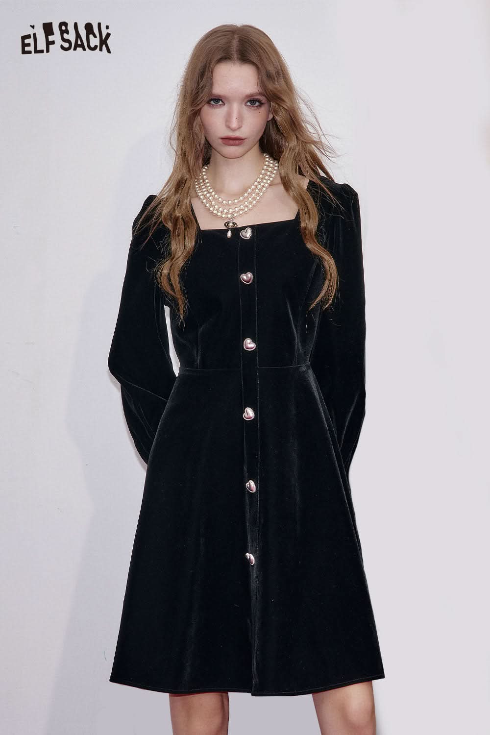 ELFSACK black square neck puff sleeve dress with elegant button detailing for a stylish look