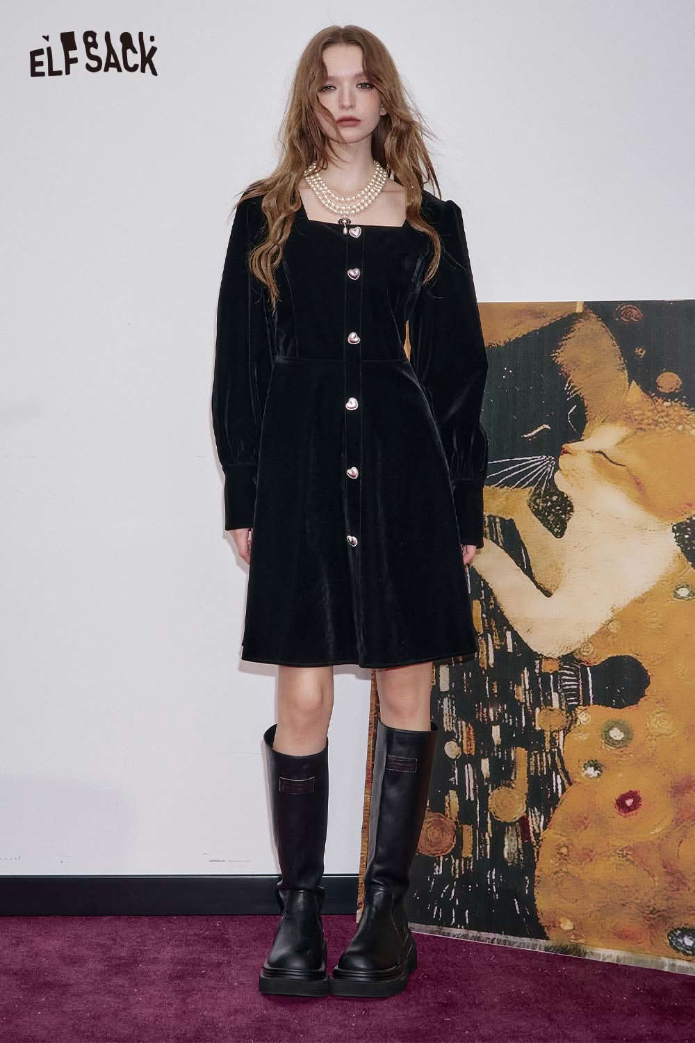 ELFSACK square neck puff sleeve dress in black velvet with button details for a chic look