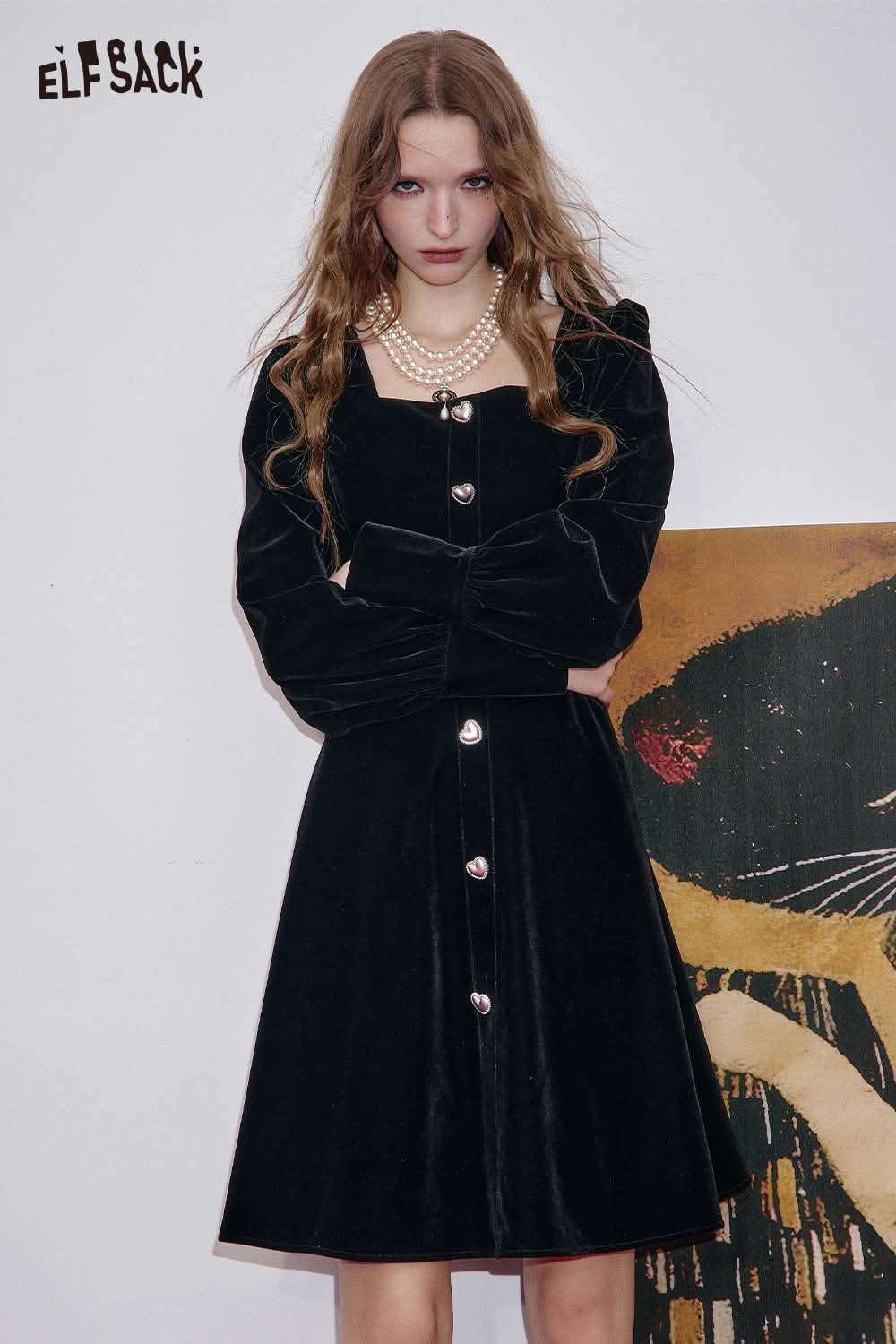 ELFSACK black square neck puff sleeve dress with button details and a flattering fit