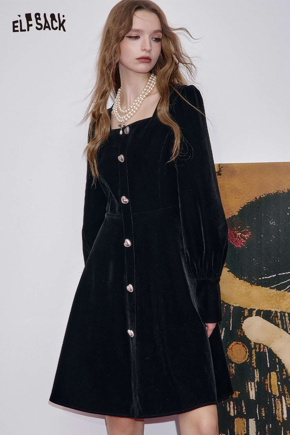 ELFSACK square neck puff sleeve dress in black with button detailing for a stylish look