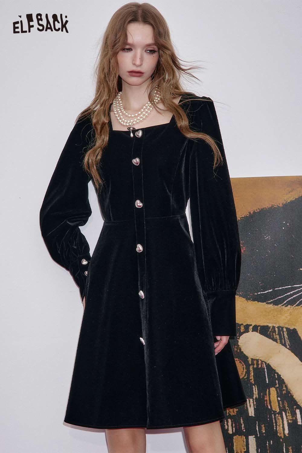 ELFSACK square neck puff sleeve dress in black velvet with button detailing for a stylish look