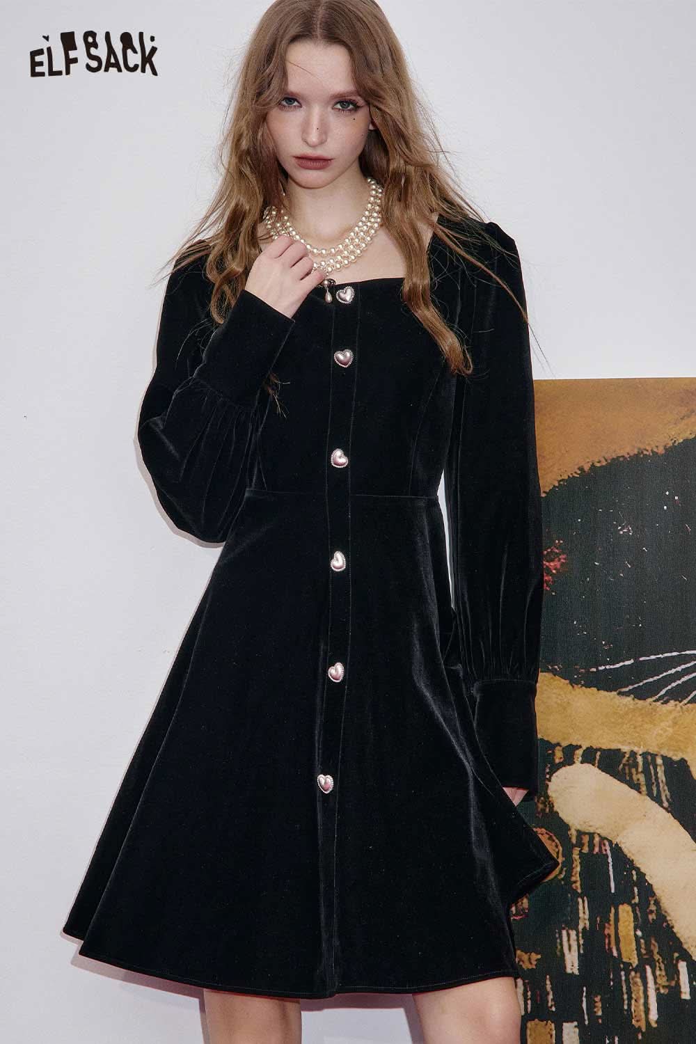 ELFSACK square neck puff sleeve dress in black velvet with buttons for a stylish look