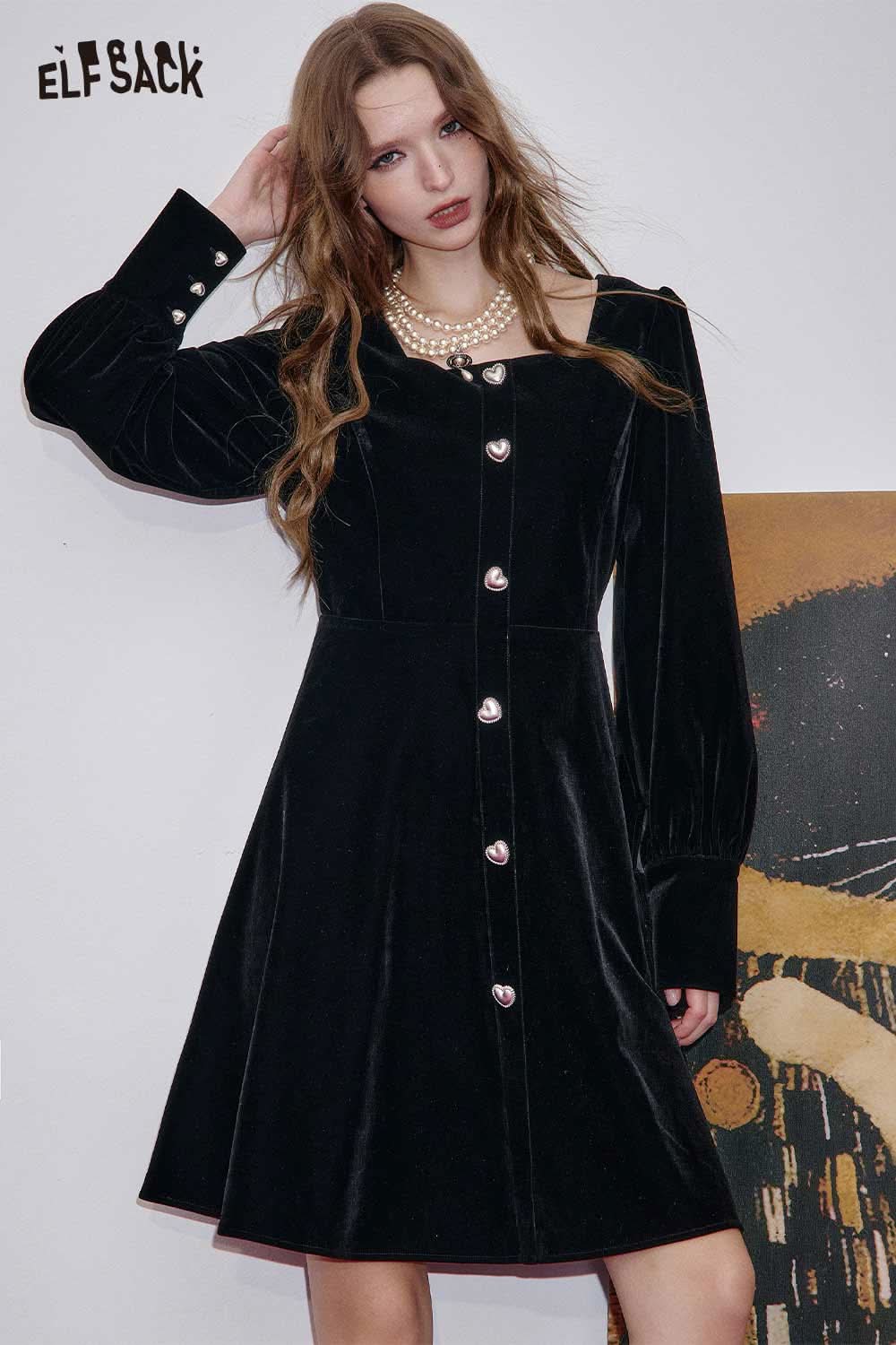 ELFSACK square neck puff sleeve dress in black velvet featuring button details for a stylish look