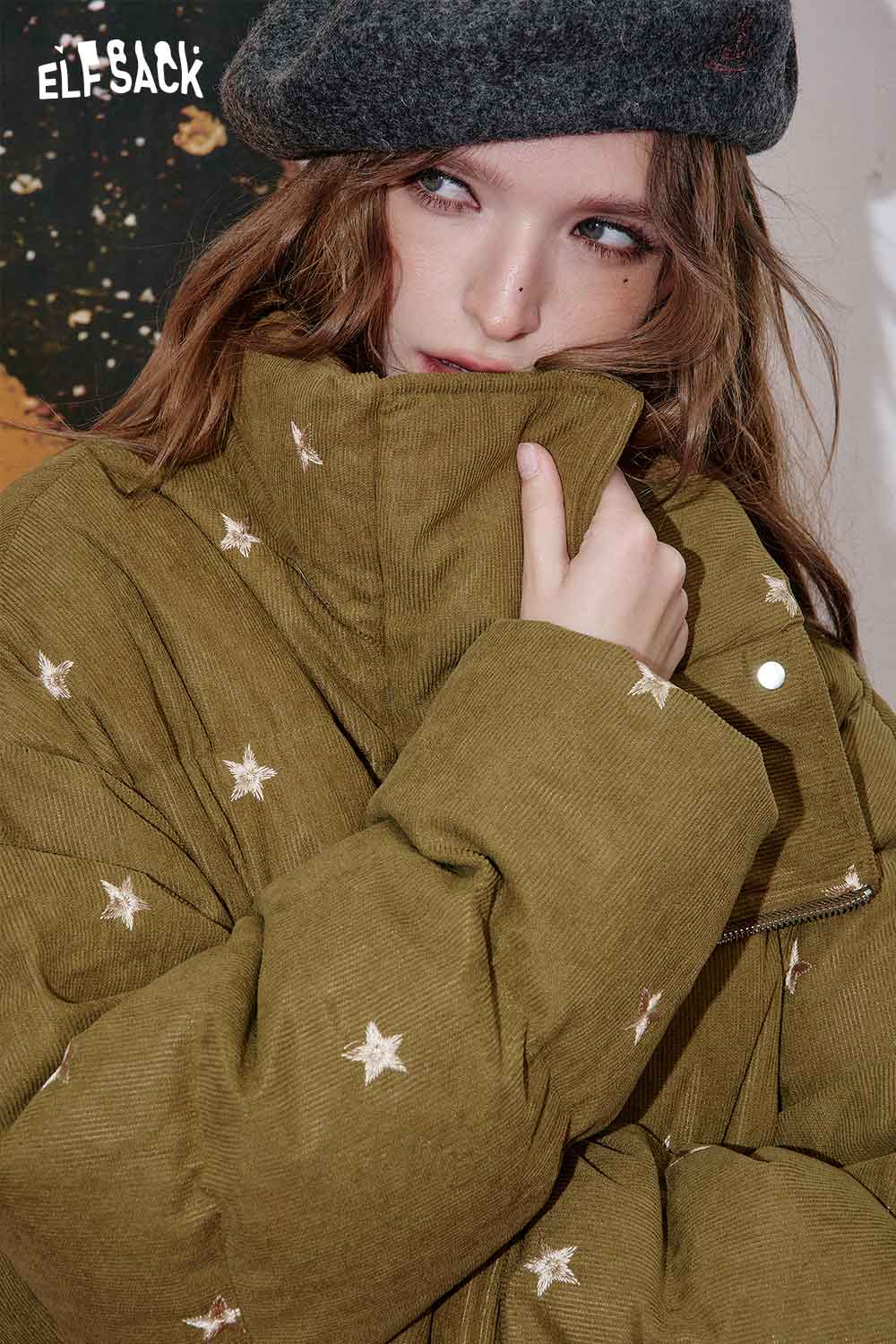 ELFSACK star embroidered puffer coat in olive green with stylish star details for winter warmth