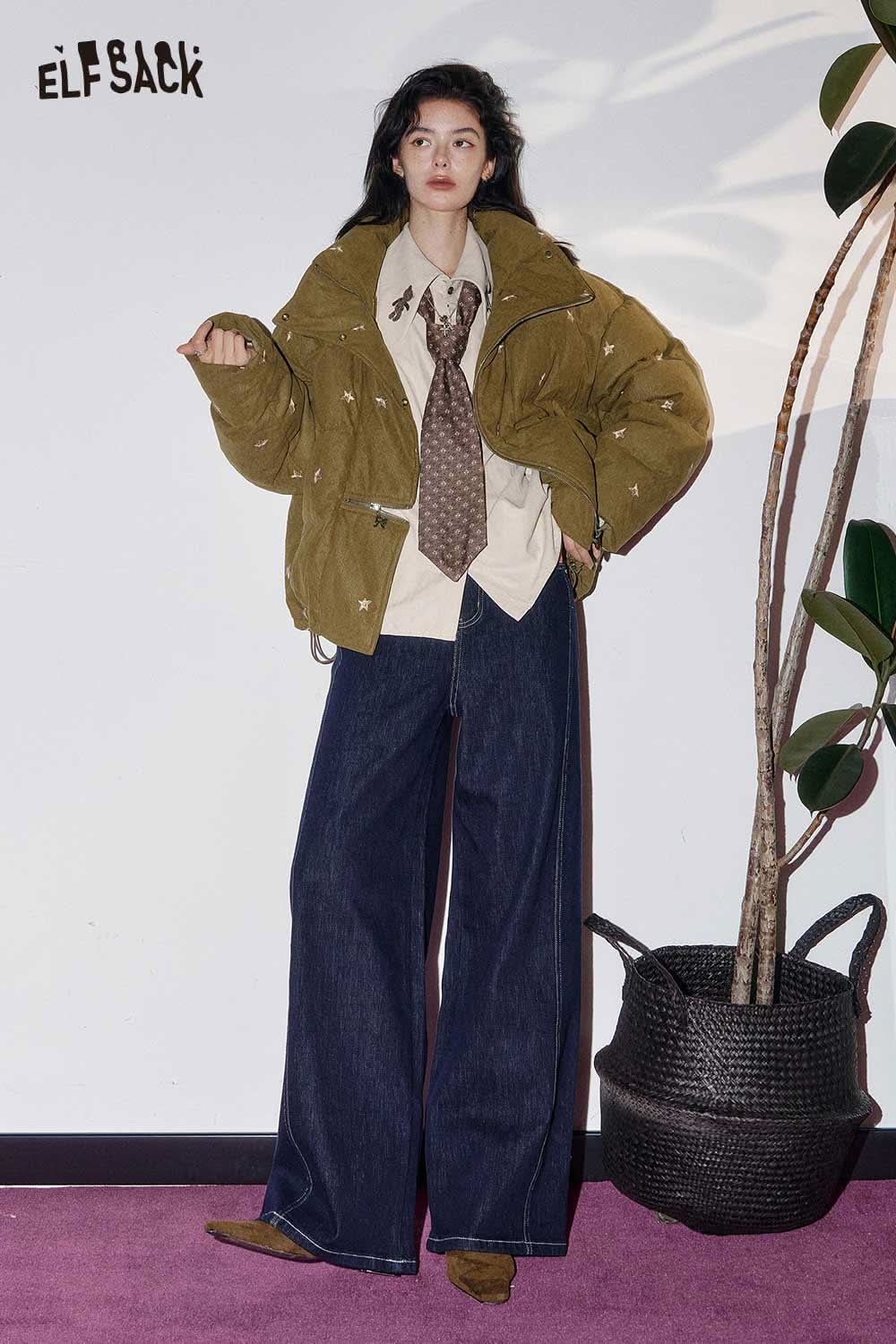 ELFSACK star embroidered puffer coat in olive green with stylish oversized fit and unique design details