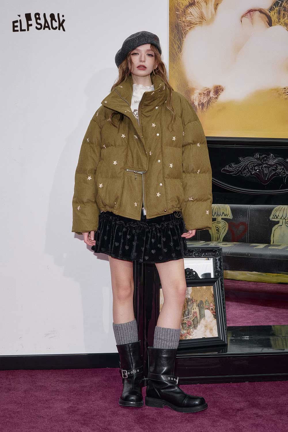 ELFSACK star embroidered puffer coat in olive green with stylish design and cozy fit