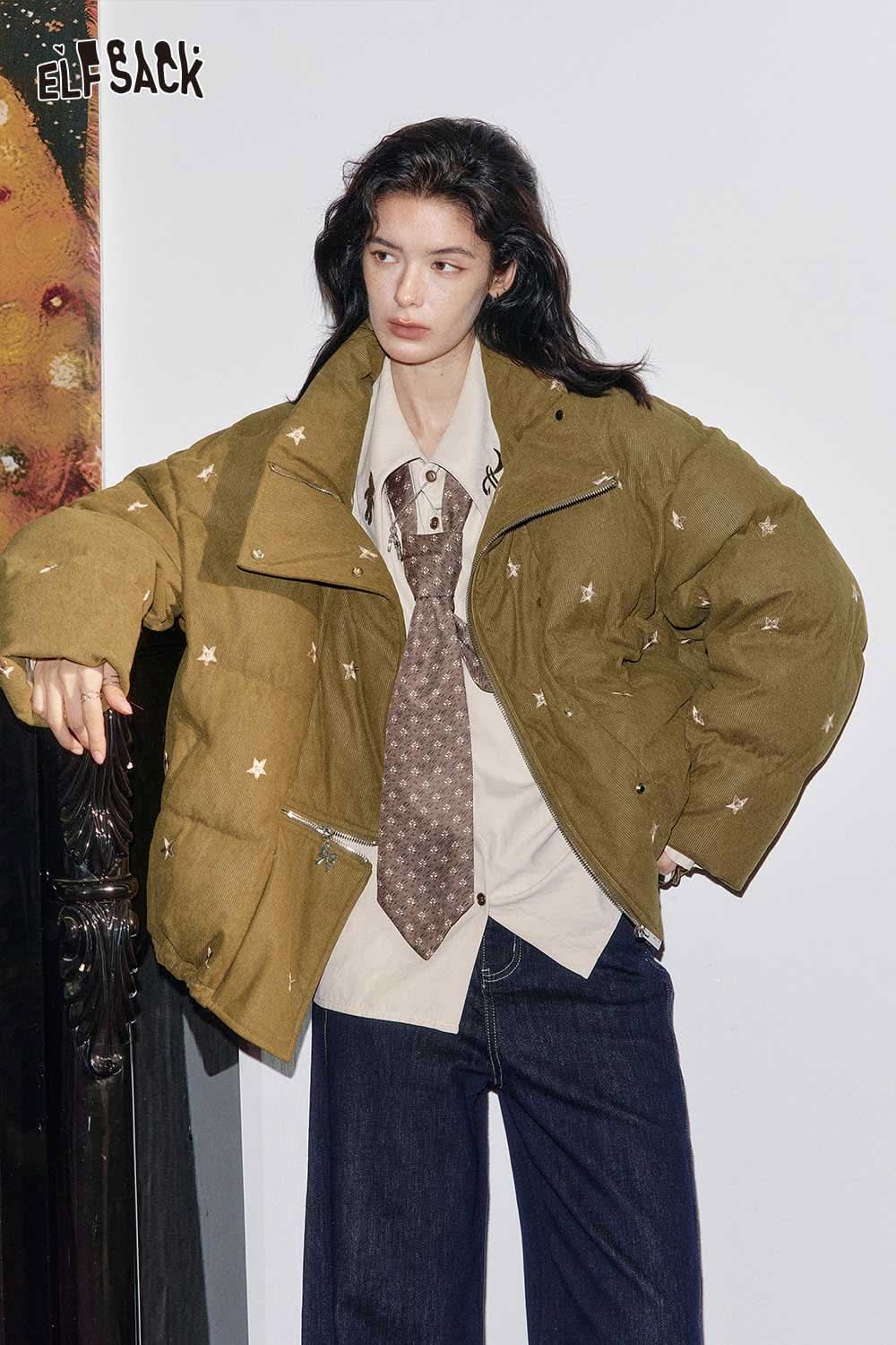 ELFSACK star embroidered puffer coat in olive green with a relaxed fit for warm winter style