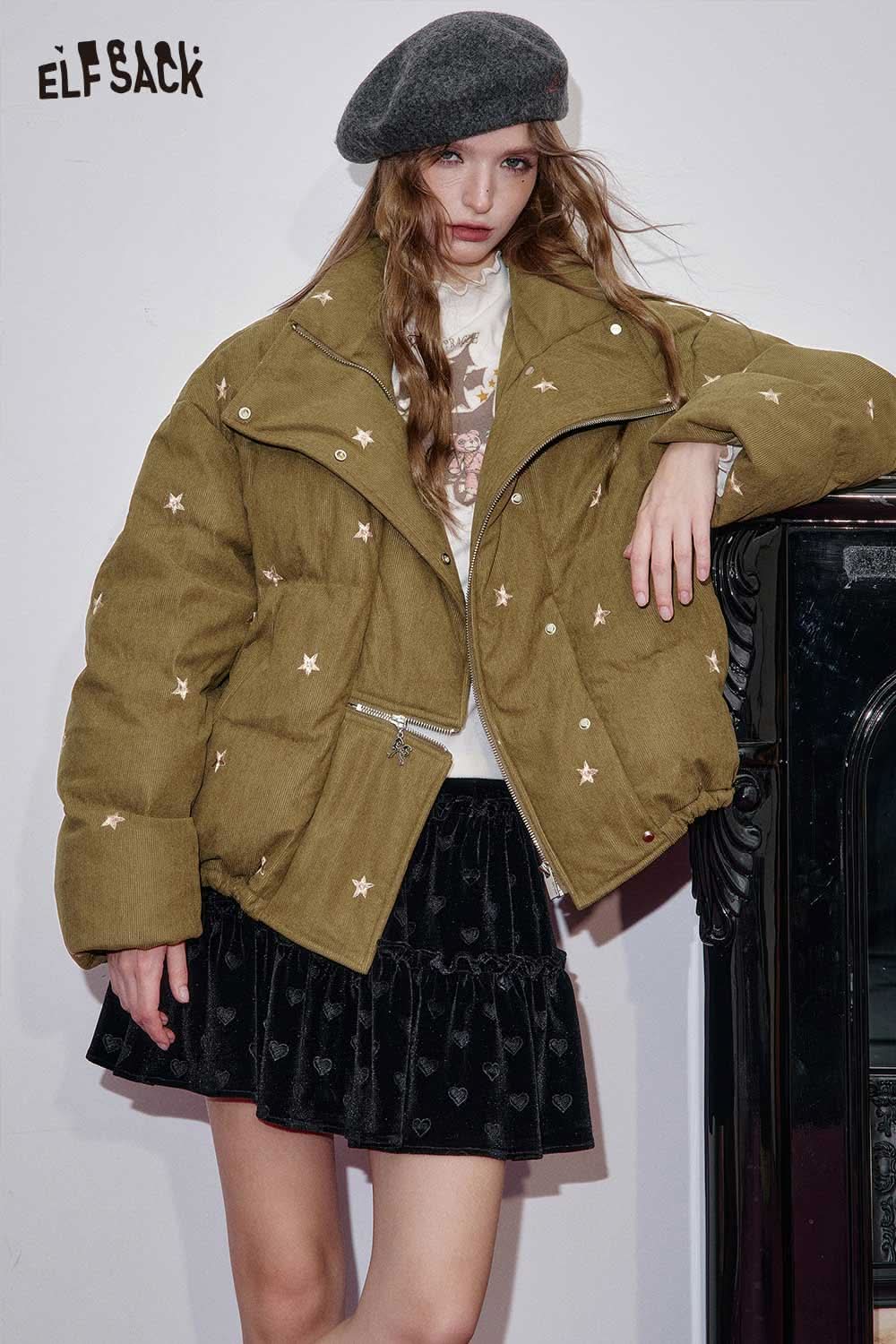 ELFSACK star embroidered puffer coat in olive green with stylish star designs for a trendy winter look