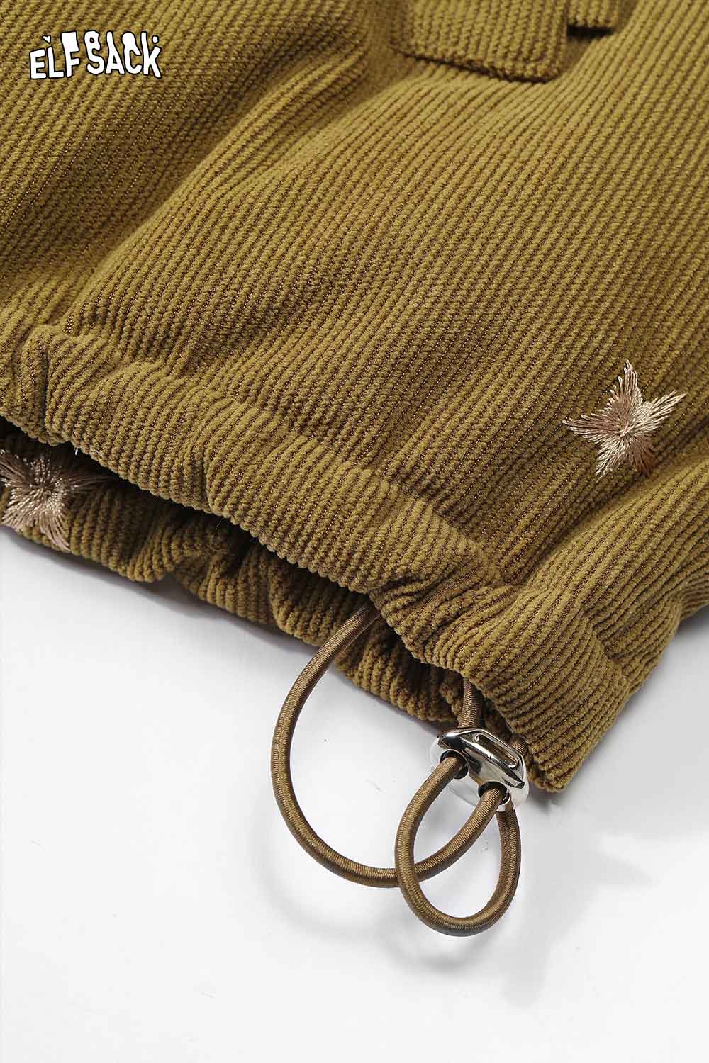 Close-up of the ELFSACK star embroidered puffer coat showcasing the detailed stitching and drawstring design