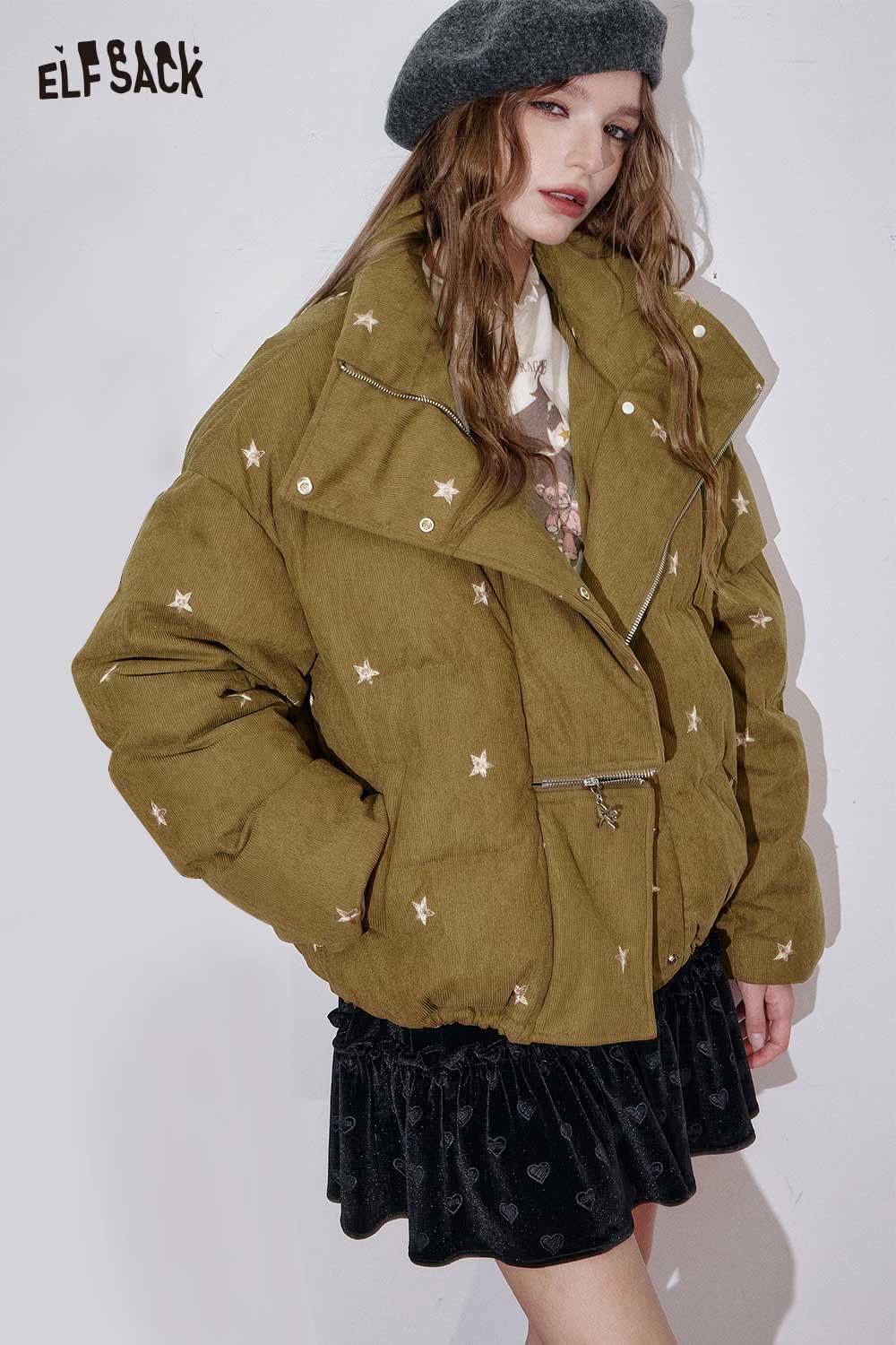ELFSACK star embroidered puffer coat in olive green with stylish oversized fit and star detailing