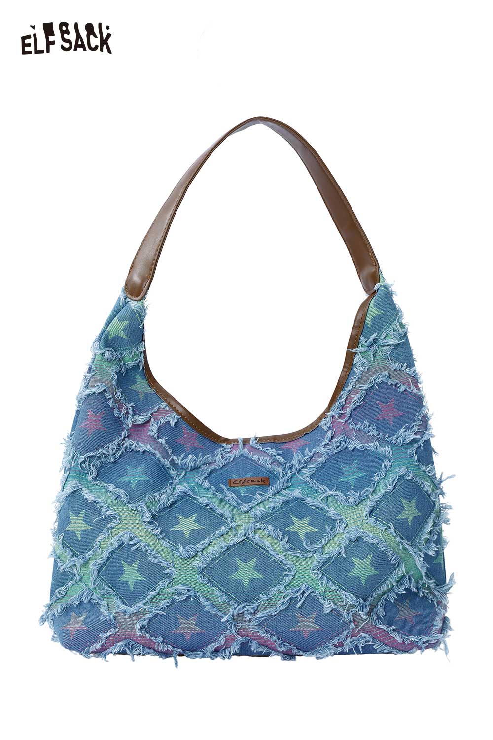 ELFSACK Star Print Gradient Denim Shoulder Bag